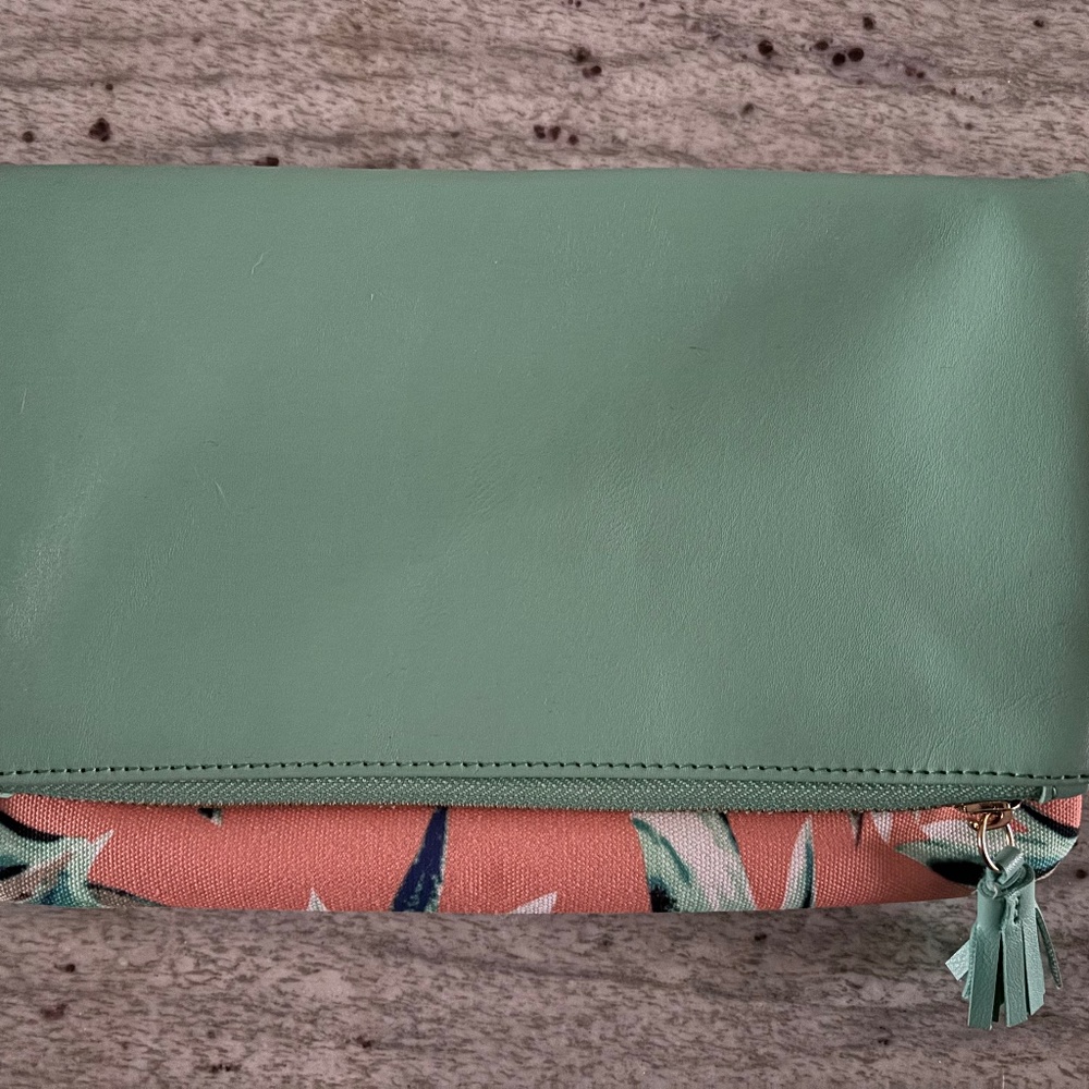 Rachel Pally Leather-Trimmed Reversible Green and Pink Floral Clutch